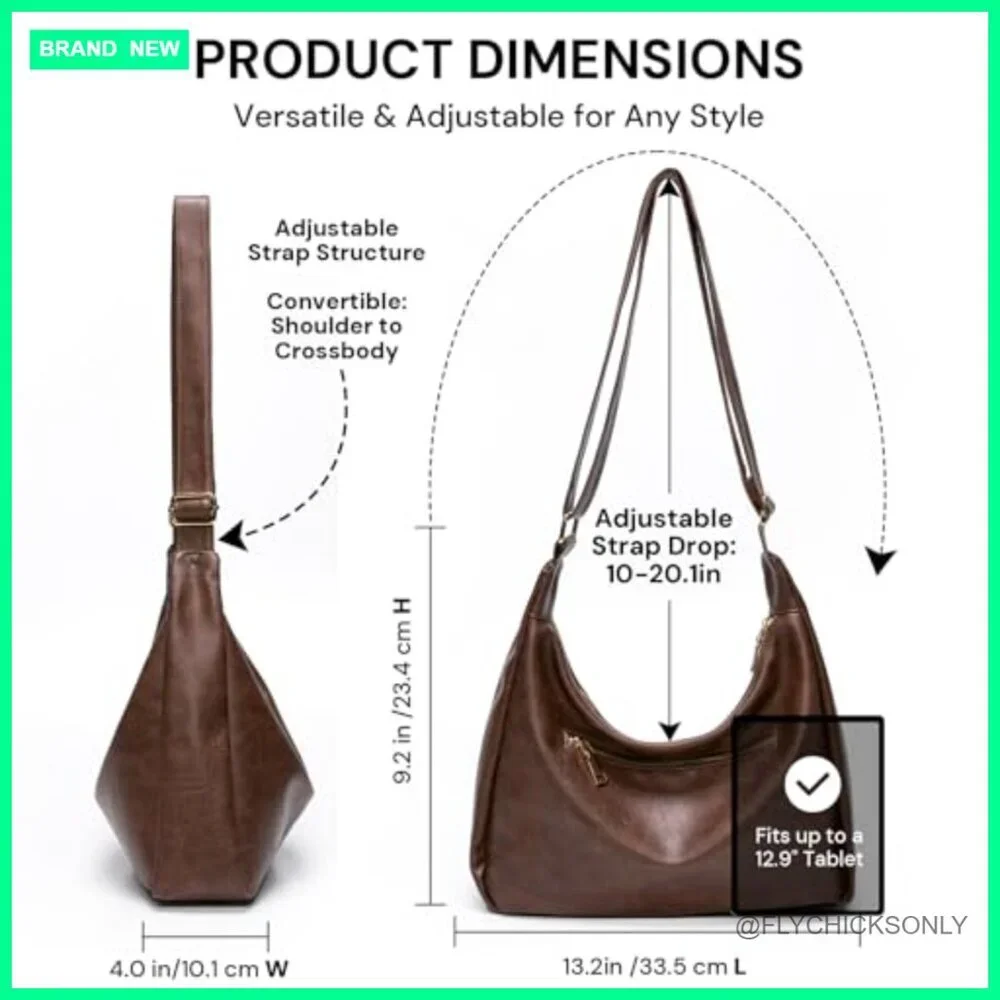 Soft Vegan Leather Hobo Bag Adjustable Strap Crossbody Tote Multi Pocket